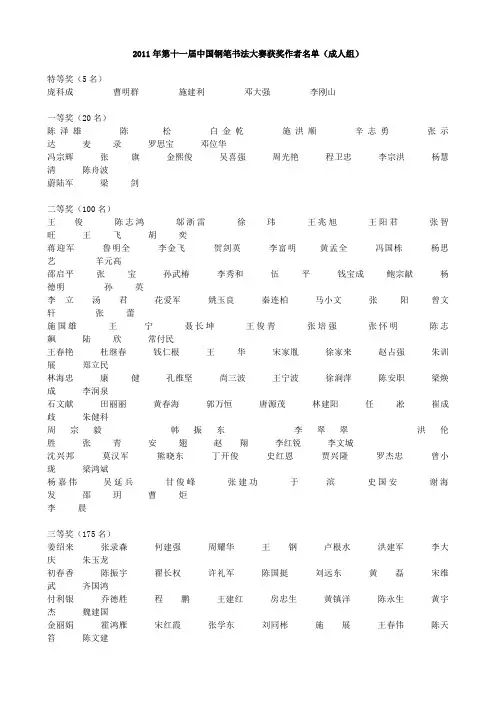 2011年第十一届中国钢笔书法大赛获奖作者名单(成人组)