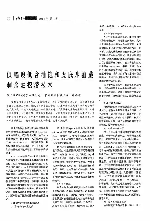 低幅度低含油饱和度底水油藏剩余油挖潜技术