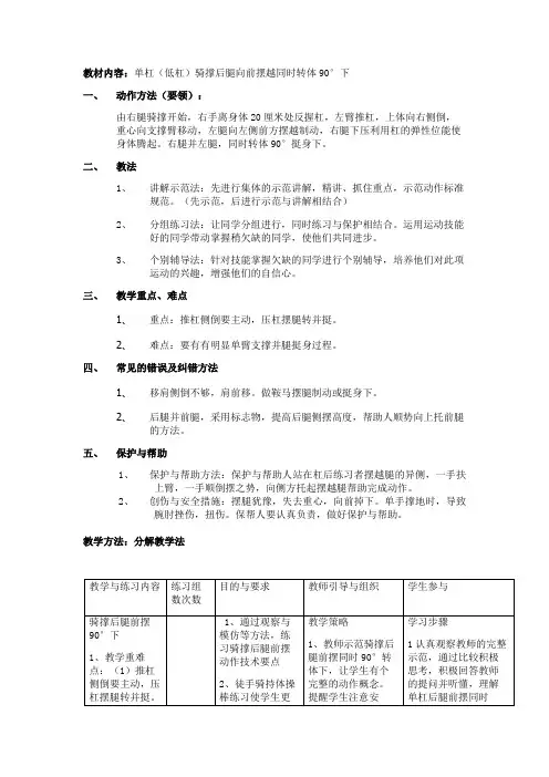 单杠(低杠)骑撑后腿向前摆越同时转体90°下