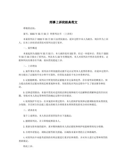 刑事上诉状经典范文