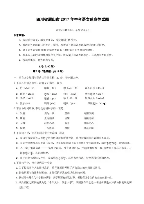 四川省眉山市2017年中考语文适应性试题(带答案)