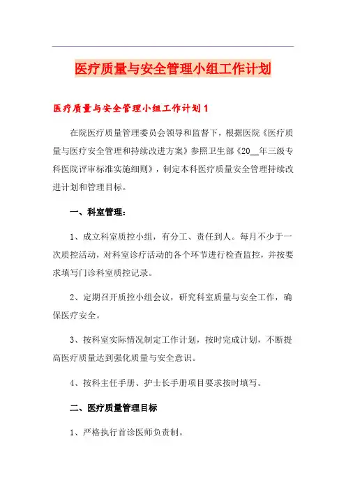 医疗质量与安全管理小组工作计划