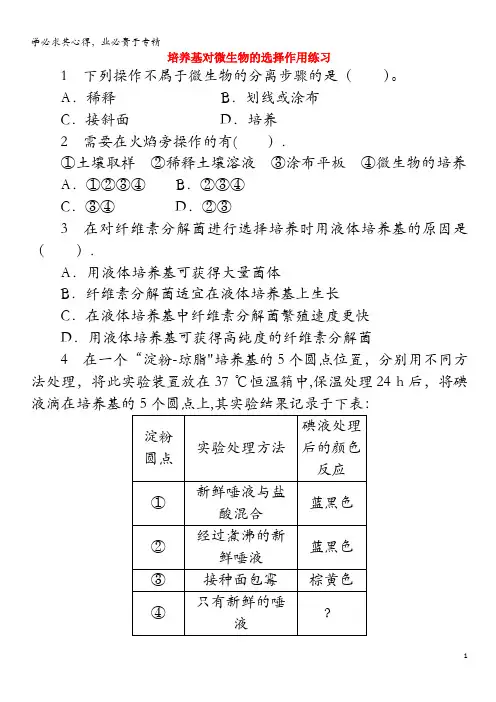 高中生物 第一章 第二节 培养基对微生物的选择作用课后训练(含解析)中图版1