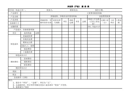冲压件产品报价单