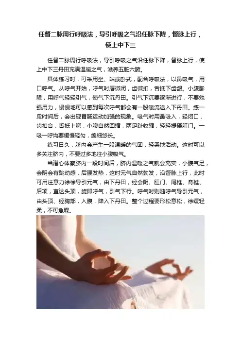任督二脉周行呼吸法，导引呼吸之气沿任脉下降，督脉上行，使上中下三