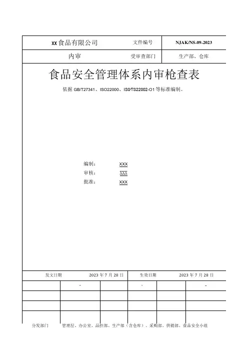 食品安全管理体系内审检查表(生产部,包含仓库)范文
