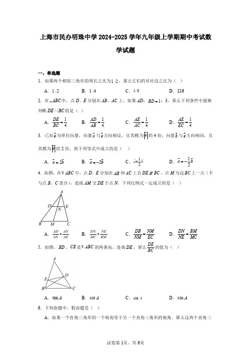 上海市民办明珠中学2024-2025学年九年级上学期期中考试数学试题