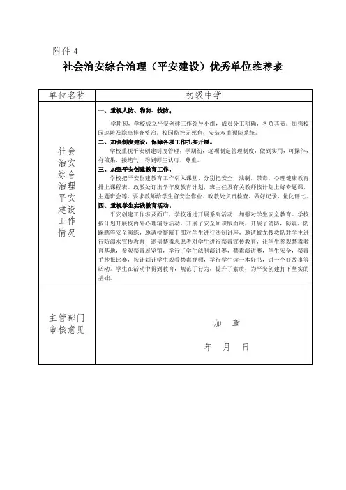 (平安建设)优秀单位推荐表