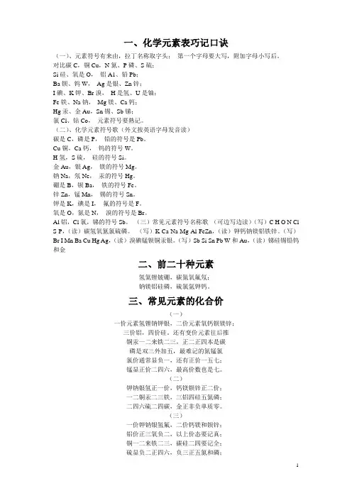 一、化学元素表巧记口诀