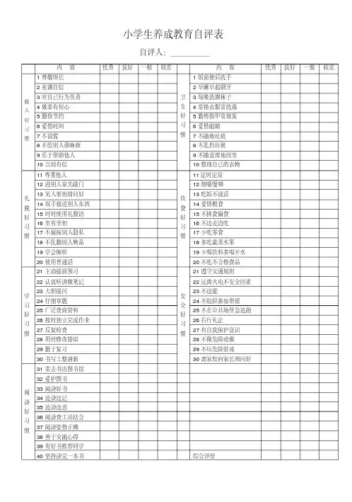 小学生养成教育自评互评表