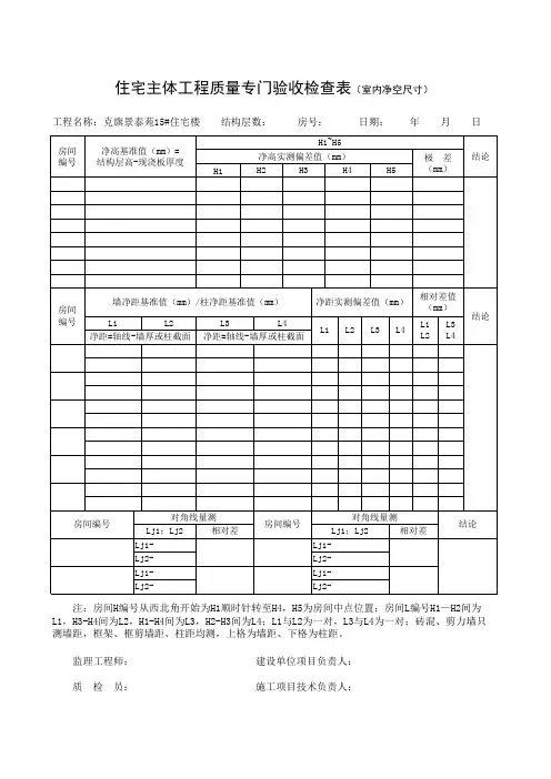 住宅主体工程质量专门验收检查表(室内净空尺寸)