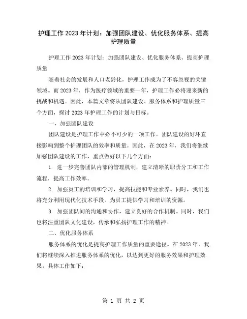 护理工作2023年计划：加强团队建设、优化服务体系、提高护理质量