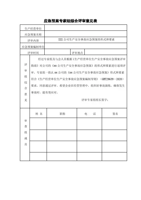 应急预案专家组综合评审意见表
