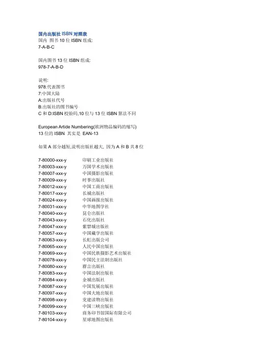 国内出版社ISBN对照表