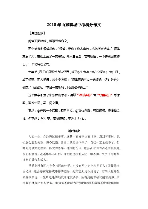 2018年山东聊城中考满分作文《适时转身》2