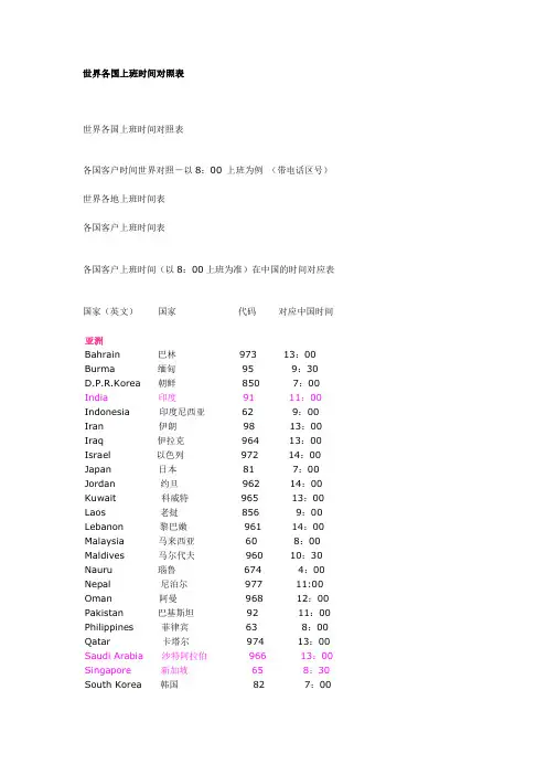 世界各国上班时间对照表