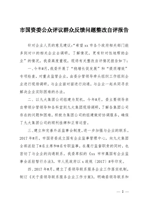市国资委公众评议群众反馈问题整改自评报告