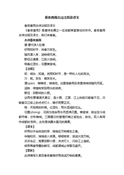 春夜喜雨古诗注释及译文