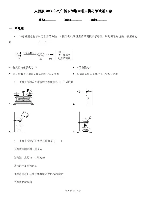 人教版2019年九年级下学期中考三模化学试题D卷新编