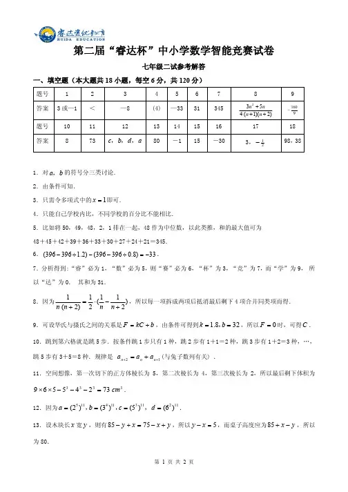 七年级第二届“睿达杯”数学智能竞赛二试 答案