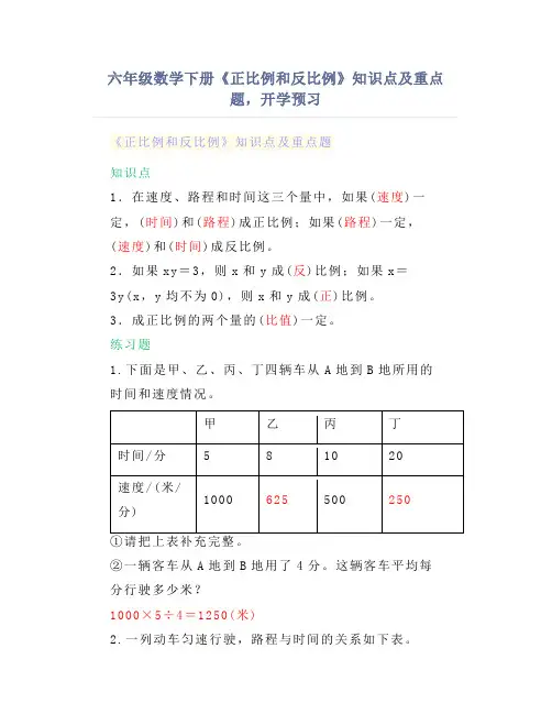 六年级数学下册《正比例和反比例》知识点及重点