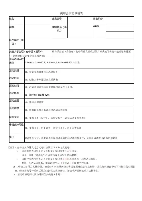 英雄会活动申请表