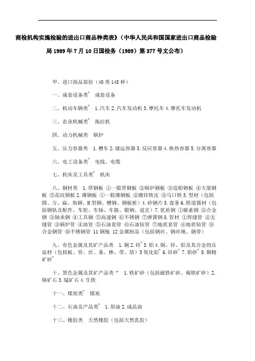 商检机构实施检验的进出口商品种类表》