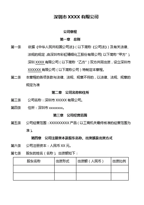深圳公司章程范本