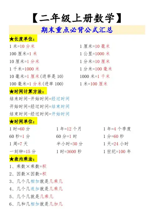 【二年级上册数学】 期末重点必背公式汇总