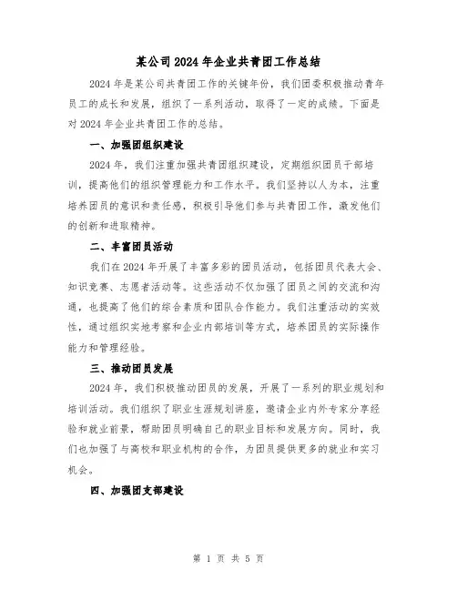 某公司2024年企业共青团工作总结（二篇）