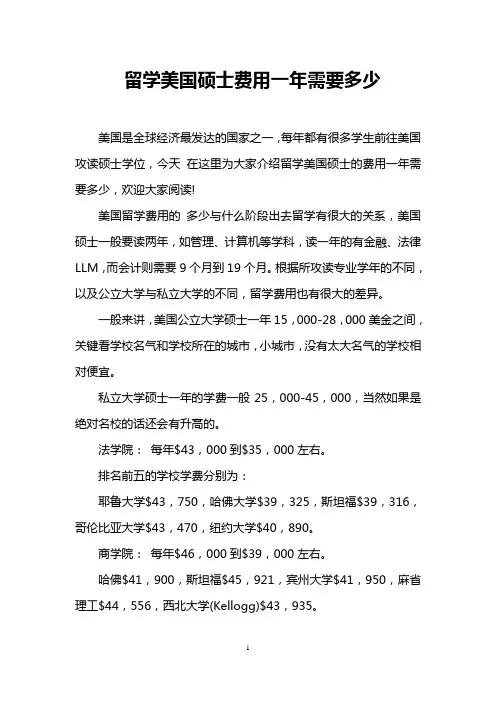 留学美国硕士费用一年需要多少