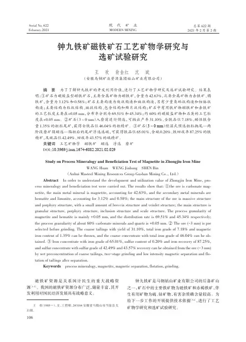 钟九铁矿磁铁矿石工艺矿物学研究与选矿试验研究