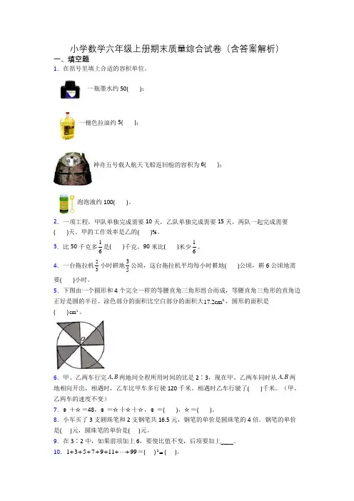 小学数学六年级上册期末质量综合试卷(含答案解析)