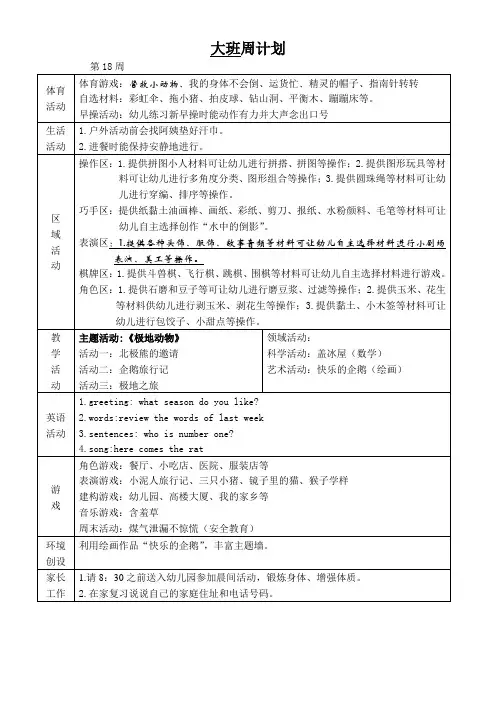 幼儿园班级周计划第18周