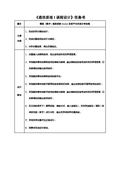 通信原理课程设计报告模拟数字通信系统Matlab仿真平台的设计和实现