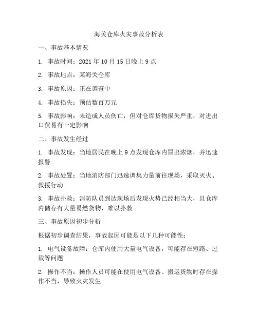 海关仓库火灾事故分析表