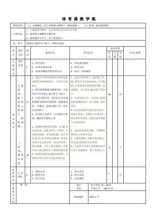 六年级体育教案-支撑跳跃单元