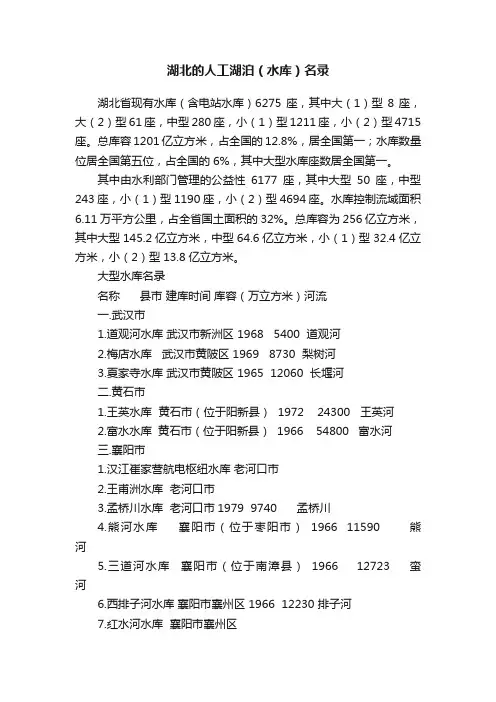 湖北的人工湖泊（水库）名录