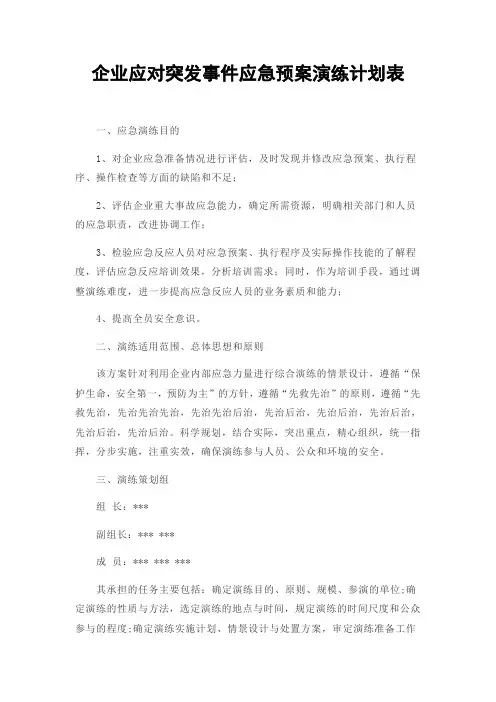企业应对突发事件应急预案演练计划表