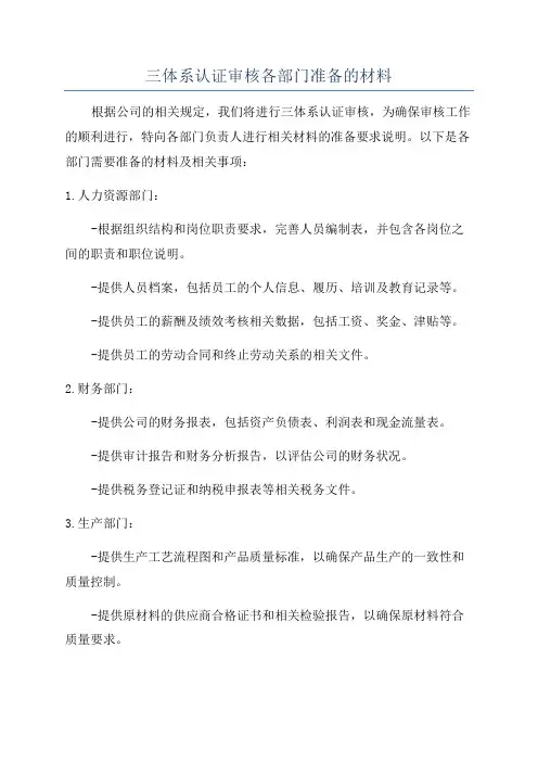 三体系认证审核各部门准备的材料