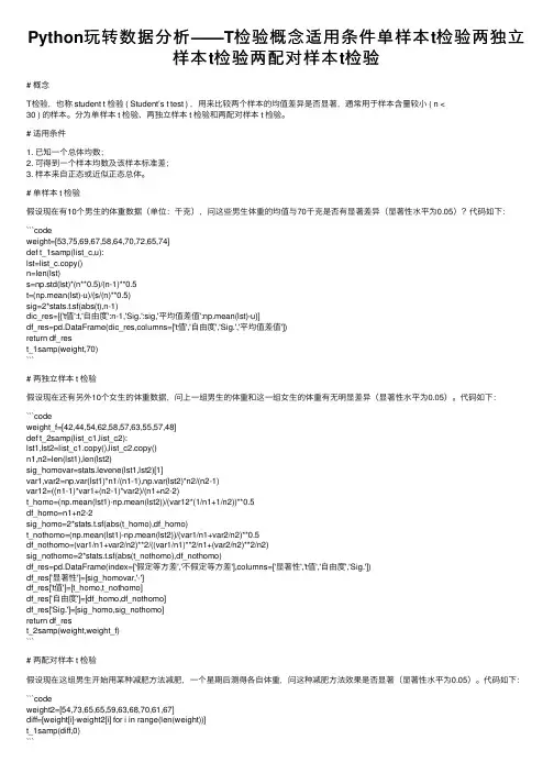 Python玩转数据分析——T检验概念适用条件单样本t检验两独立样本t检验两配对样本t检验
