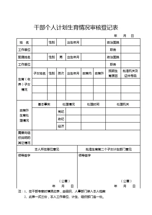 干部个人计划生育情况审核登记表