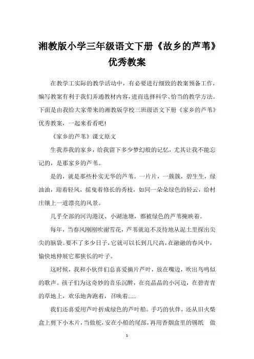 湘教版小学三年级语文下册《故乡的芦苇》优秀教案