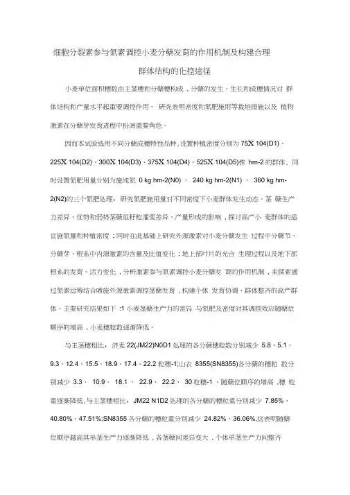细胞分裂素参与氮素调控小麦分蘖发育的作用机制及构建合理群体结构的化控途径
