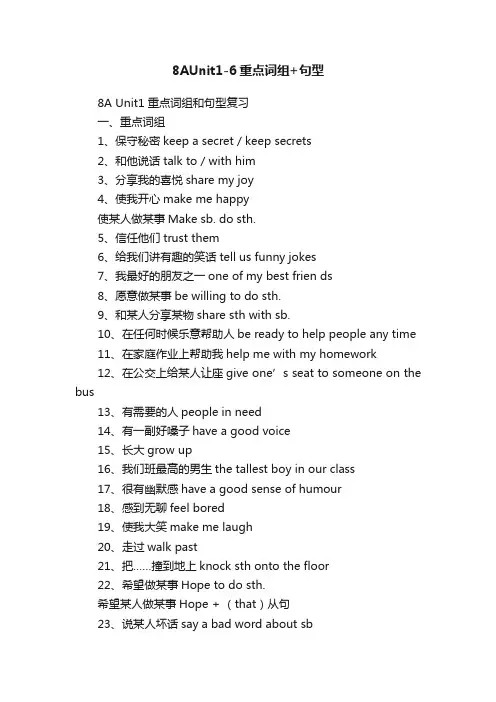 8AUnit1-6重点词组+句型