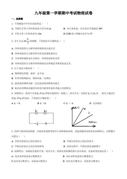 苏科版物理2023年九年级第一学期期中考试物理试卷(含答案)