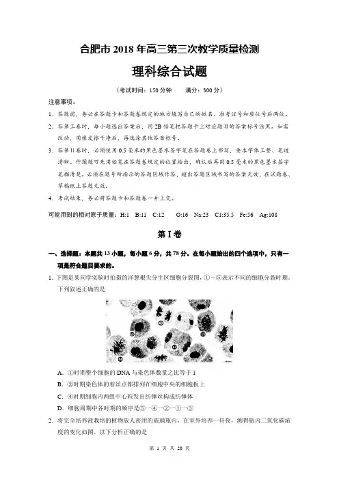 合肥市2018年高三第三次教学质量检测理综试题及参考答案