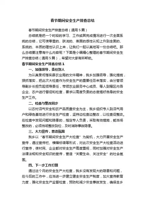 春节期间安全生产排查总结（通用5篇）
