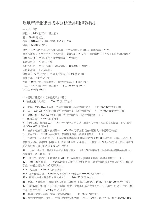 房地产行业建造成本分析及常用经验数据