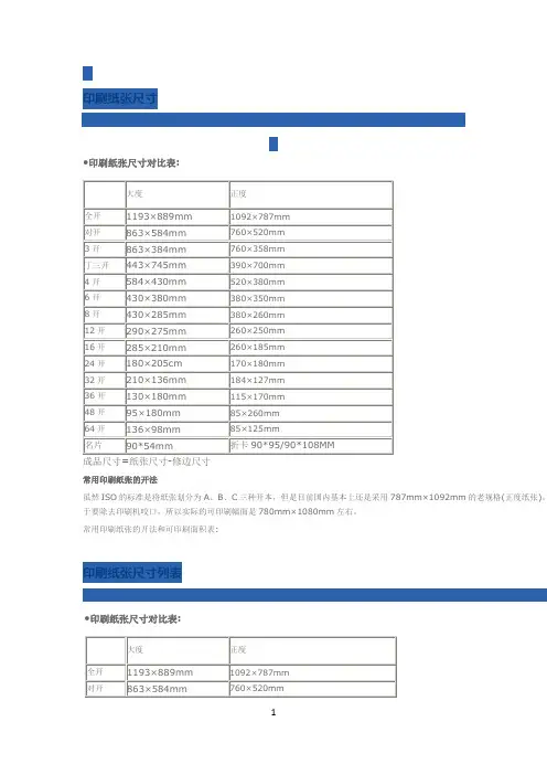 纸张尺寸对照表